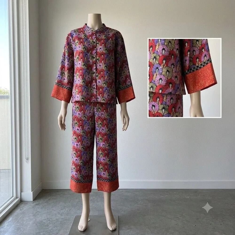 JOSIE NATORI Artistic Geisha Umbrella Print 2PC Set Mandarin Collar Lounge Wear